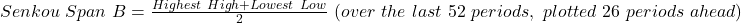 Senkou\ Span\ B = \frac{Highest\ High + Lowest\ Low}{2}\ (over\ the\ last\ 52\ periods,\ plotted\ 26\ periods\ ahead)