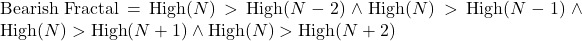 \text{Bearish Fractal} = \text{High}(N) > \text{High}(N-2) \land \text{High}(N) > \text{High}(N-1) \land \text{High}(N) > \text{High}(N+1) \land \text{High}(N) > \text{High}(N+2)