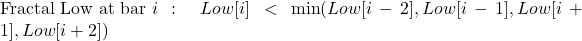\text{Fractal Low at bar } i: \ Low[i] < \min(Low[i-2], Low[i-1], Low[i+1], Low[i+2])